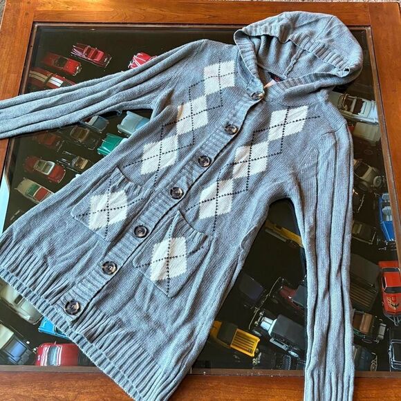 Grey White Argyle Long Sweater Top Dress Cardigan Preppy TwilightCore - Picture 3 of 5